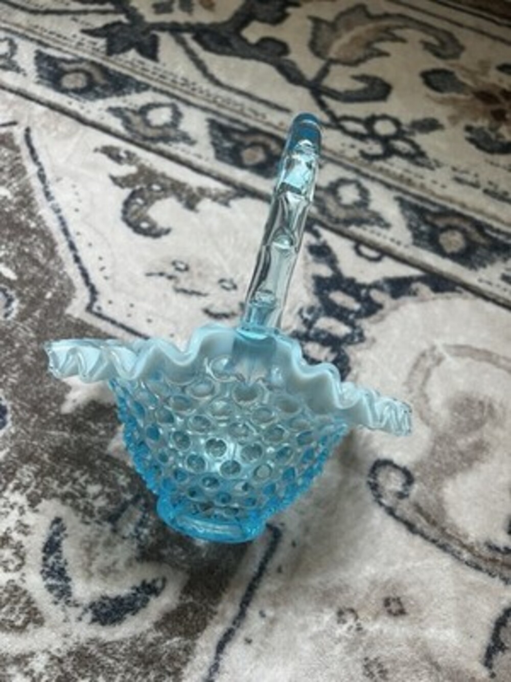 Vintage Fenton Blue Opalescent Hobnail Basket w/ Bamboo Clear Glass Handle 6"